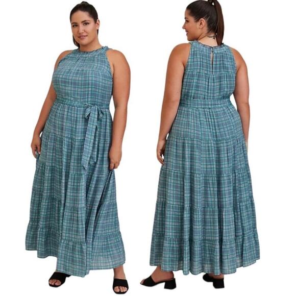 New Torrid Maxi Lindsay Hi Neck Blue Plaid Tiered Long Dress Size 2X Sleeveless - Picture 1 of 16